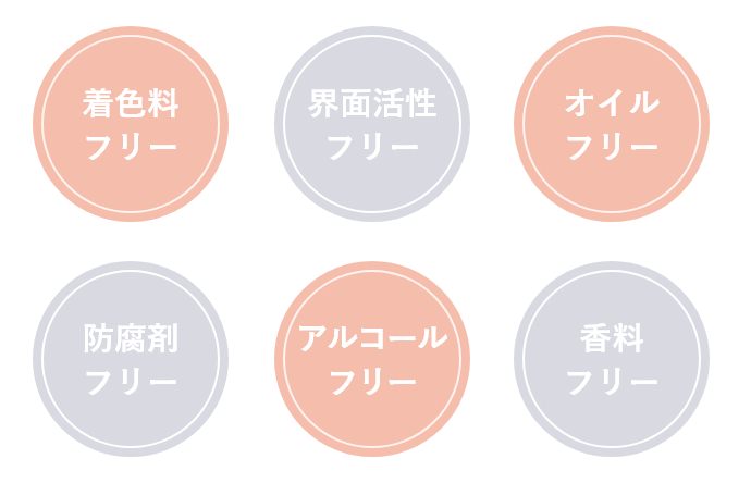 着色料フリー / 界面活性フリー / オイルフリー / 防腐剤フリー / アルコールフリー / 香料フリー